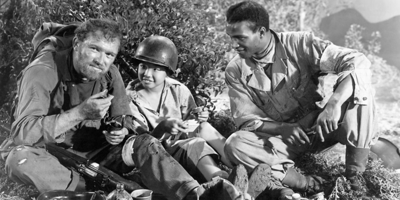 Gene Evans as Zack, James Edwards as Cpt. Thompson, and William Chun as Short Round in The Steel Helmet
