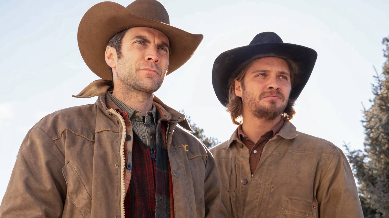 Wes Bentley and Luke Grimes standing outside in Yellowstone