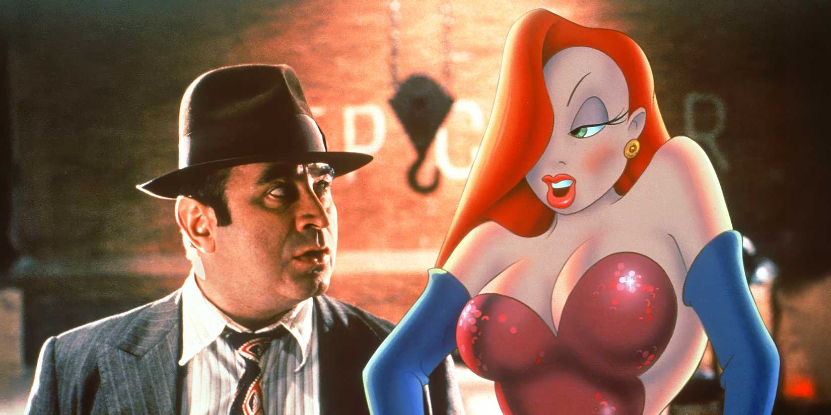 Bob Hoskins and Jessica Rabbit in Who Framed Roger Rabbit