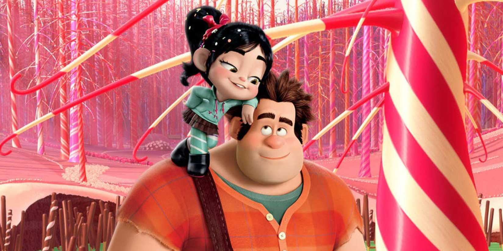 Vanellope von Schweetz stands on Ralph's shoulder