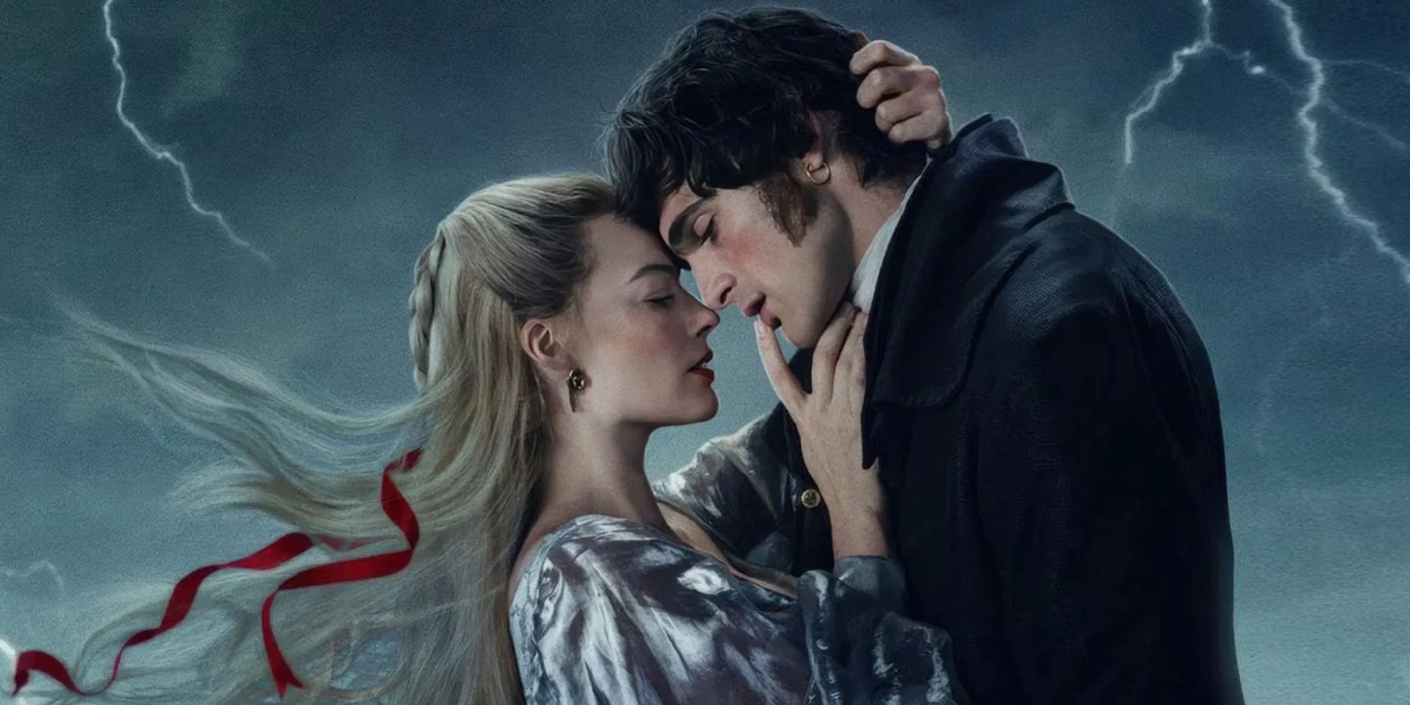 Margot Robbie as Cathy and Jacob Elordi as Heathcliff embracing in a poster for Wuthering Heights (2026)