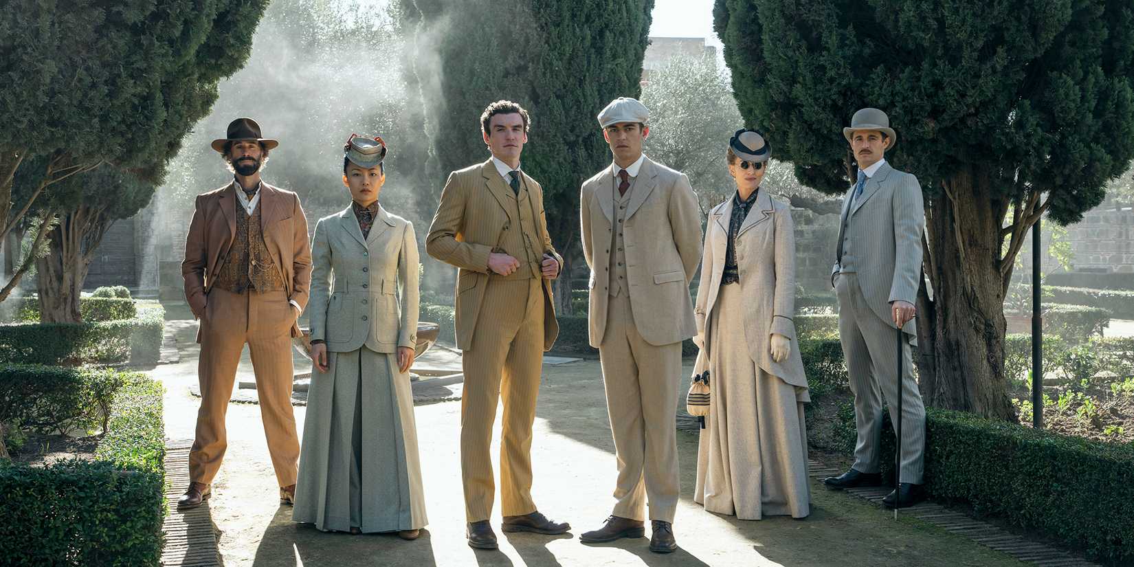 Hero Fiennes Tiffin as Holmes and Dónal Finn as Moriarty in the center of the cast of Young Sherlock