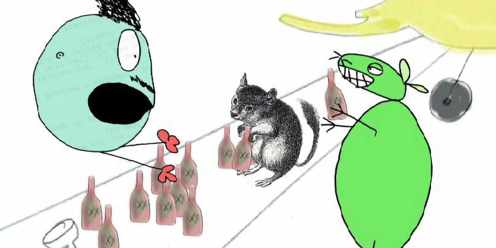A poorly drawn green mouse drinking alcohol with a poorly drawn blue ball and a realistic drawing of a rodent in '12 oz. Mouse'