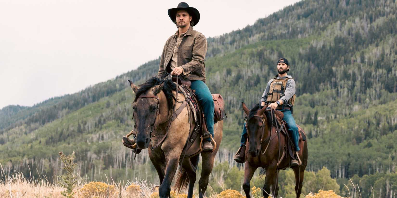 Luke Grimes as Kayce Dutton riding on a horse next to Logan Marshall-Green in CBS' Marshals