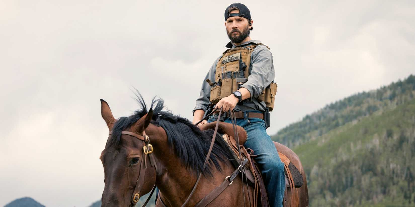 Logan Marshall-Green as Cal riding on a horse outside in CBS' Marshals