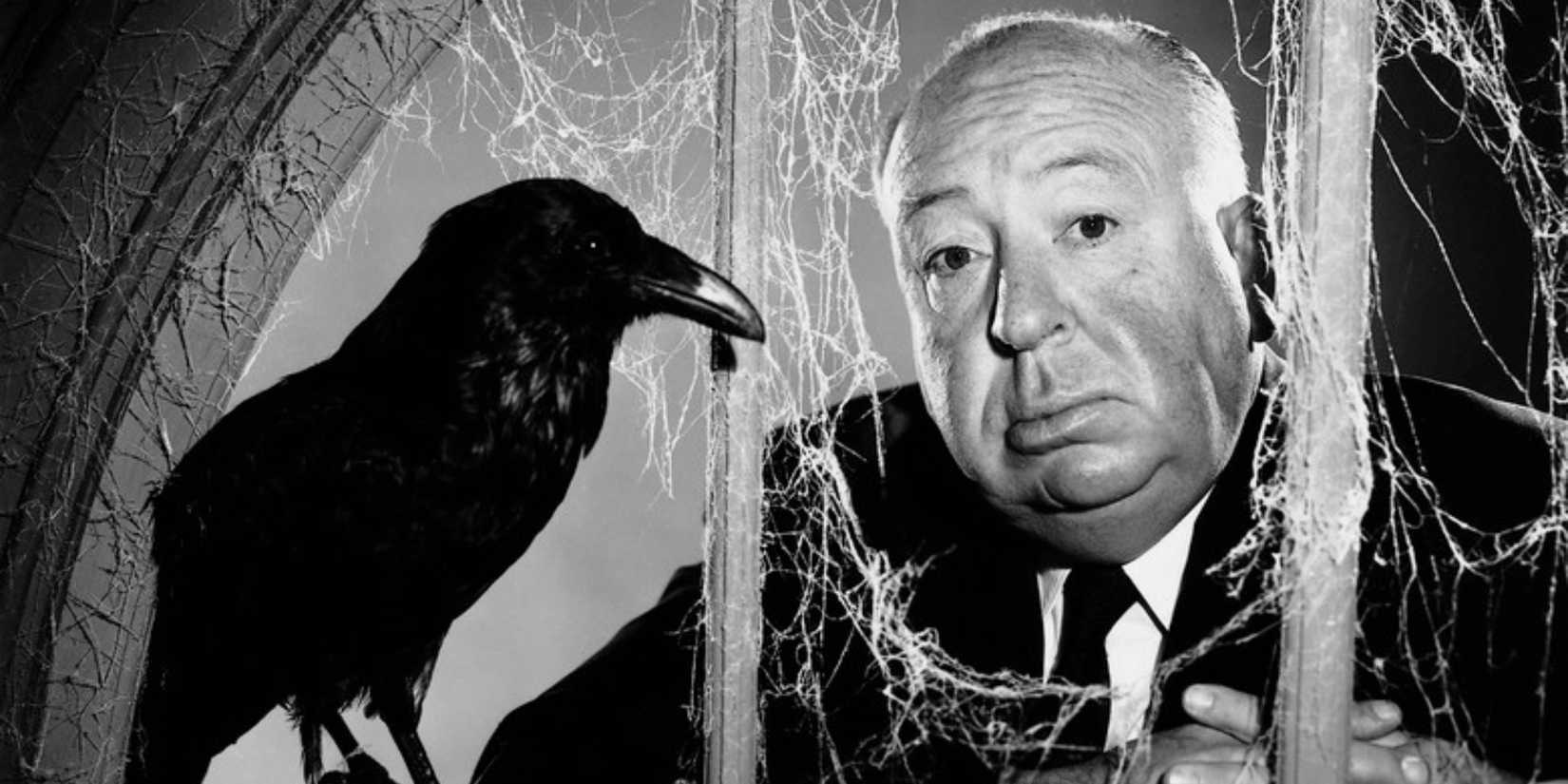 Alfred Hitchcock looks through prison bars while a black crow stands by.