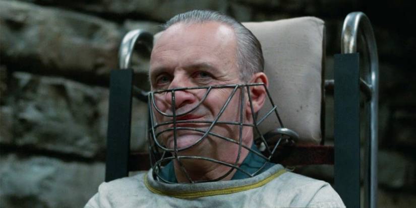 Hannibal Lecter (Anthony Hopkins) wearing a protective mask in 'The Silence of the Lambs.'