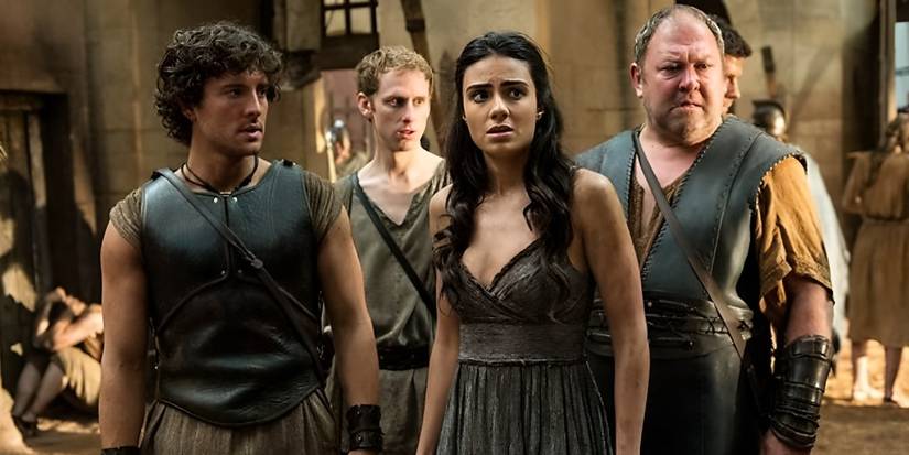 Ariadne (Aiysha Hart), Hercules (Mark Addy), Jason (Jack Donnelly), and Pythagoras (Robert Emms) in Atlantis