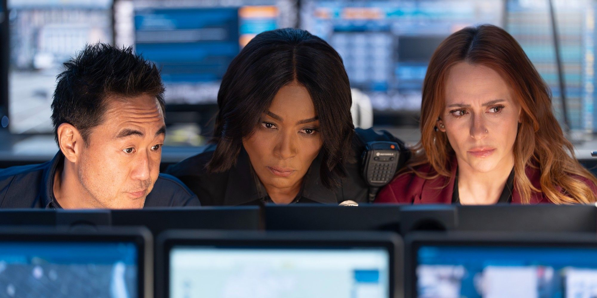 Chimney, Athena, and Maddie looking through the dispatch computer in 9-1-1 Season 9 Episode 13