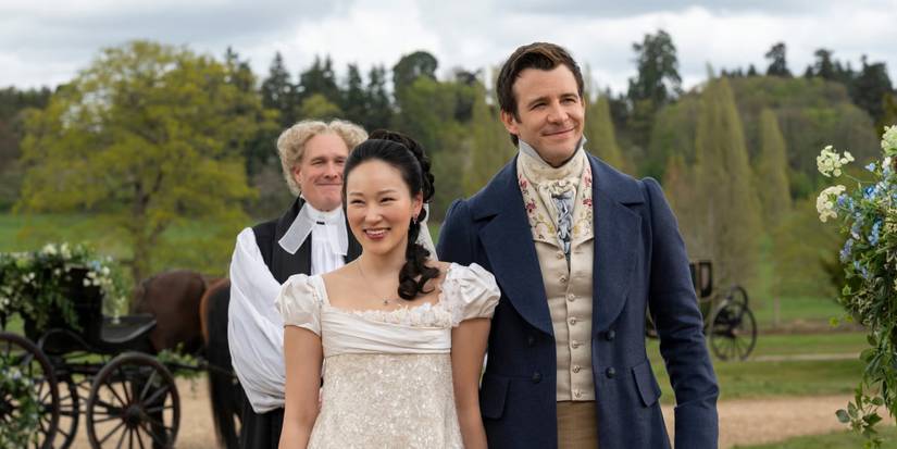 Sophie Bridgerton (Yerin Ha) and Benedict Bridgerton (Luke Thompson) looking at the crowd after getting married in Bridgerton Season 4