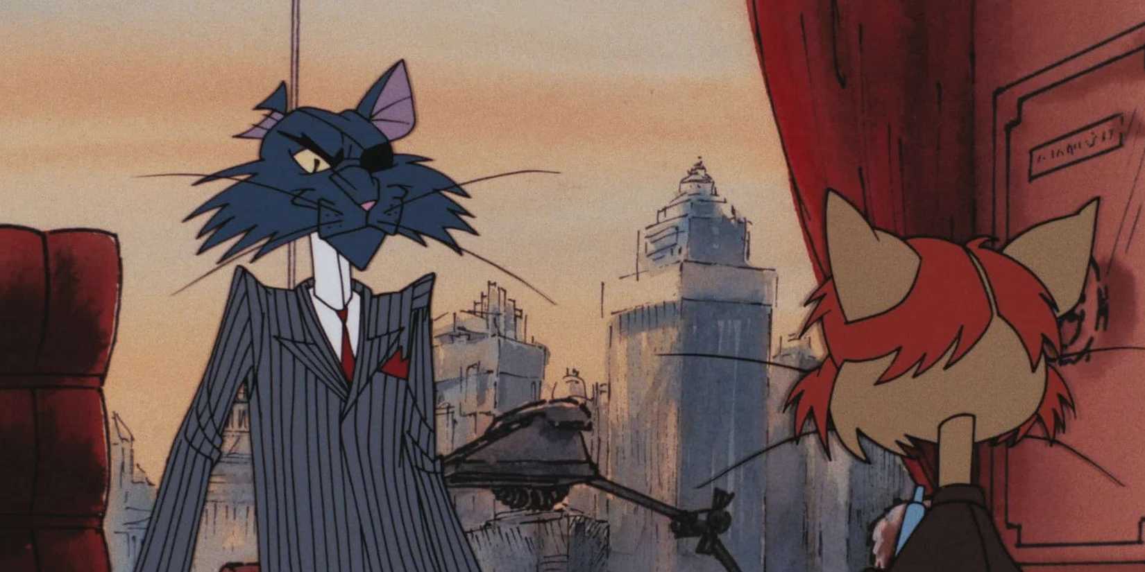 Cat with eyepatch talking to another cat in 'Cat City'