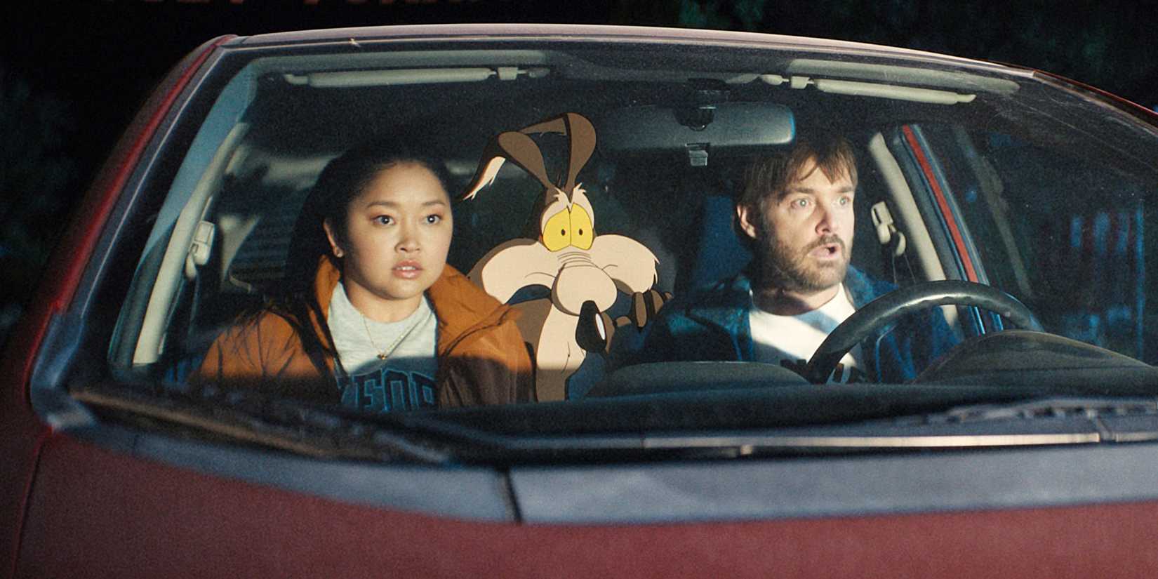 Will Forte drives a vehicle with Wile E. Coyote in the back in 'Coyote vs. Acme' image