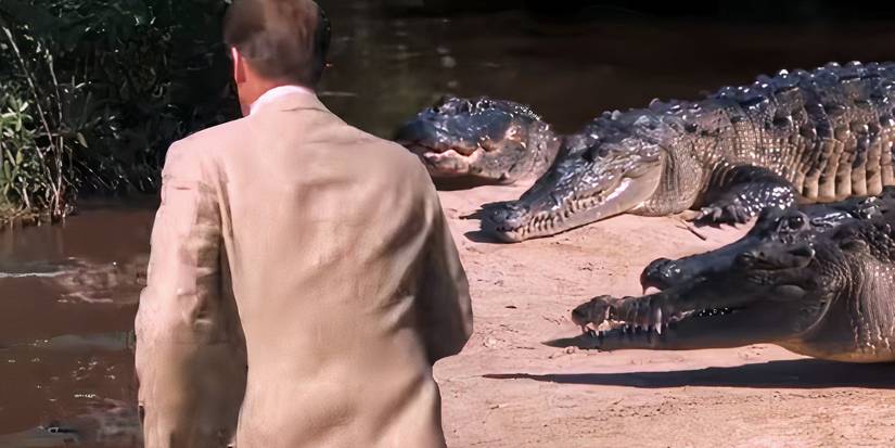 James Bond running away from crocodiles in Live and Let Die