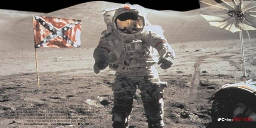 An astronaut walks on the moon with the Confederate flag behind them. 