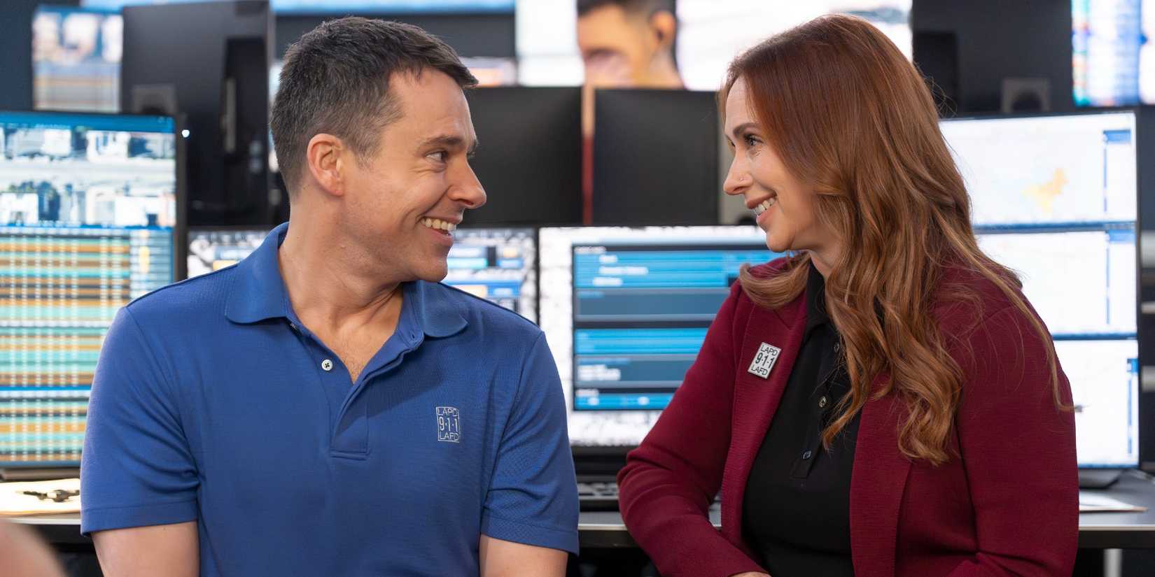 Josh and Maddie smiling at each other in 9-1-1 Season 9 Episode 14