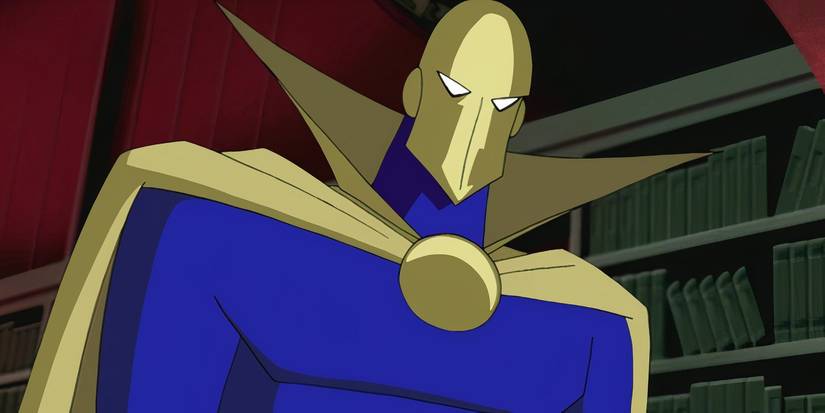 Doctor Fate looking downwards in a library in Justice League Unlimited