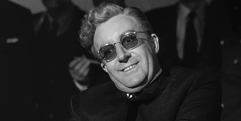 Peter Sellers with a manic look on his face in Dr. Strangelove