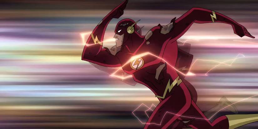 Flash running in a battered suit surrounded by lightning in Justice League