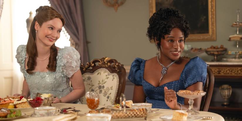 Francesca Bridgerton Kilmartin and Michaela Stirling eating breakfast together in Bridgerton Season 4