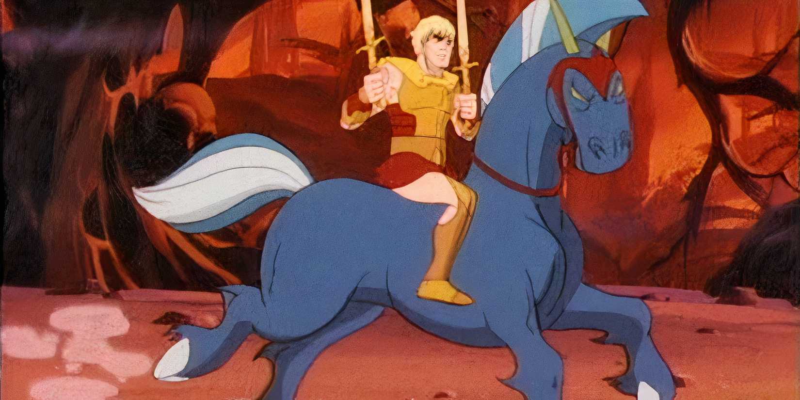 Galtar rides a horse wielding twin golden swords in 'Galtar and the Golden Lance' 