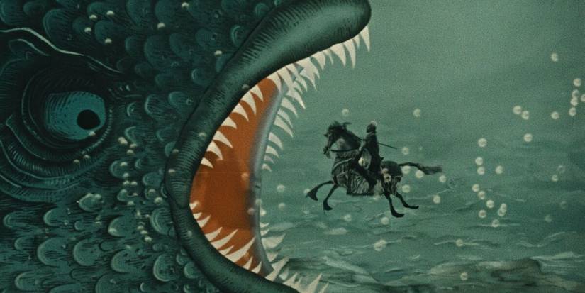 Giant fish about to eat a man on a horse in 'The Fabulous Baron Munchausen'