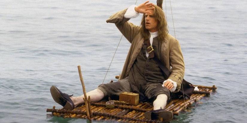 Ted Danson on a wooden raft in the 1996 miniseries 'Gulliver's Travels'