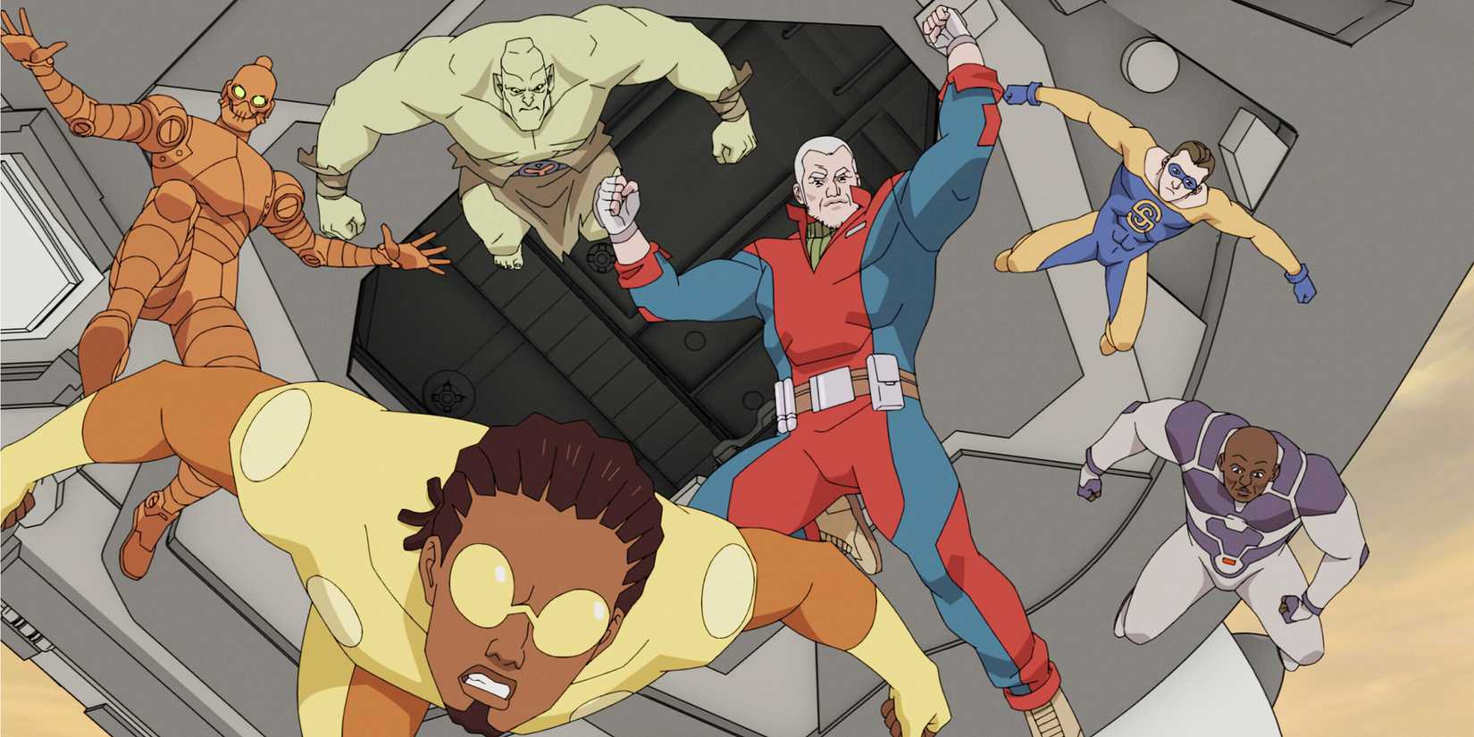 Bulletproof, Robot, Monster Girl, Brit, Shapesmith, and Black Samson jumping from an aircraft. 