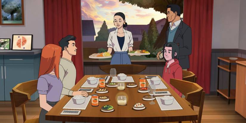 Eve, Mark, Debbie, Paul, and Oliver having a meal in Invincible Season 4, Episode 5.