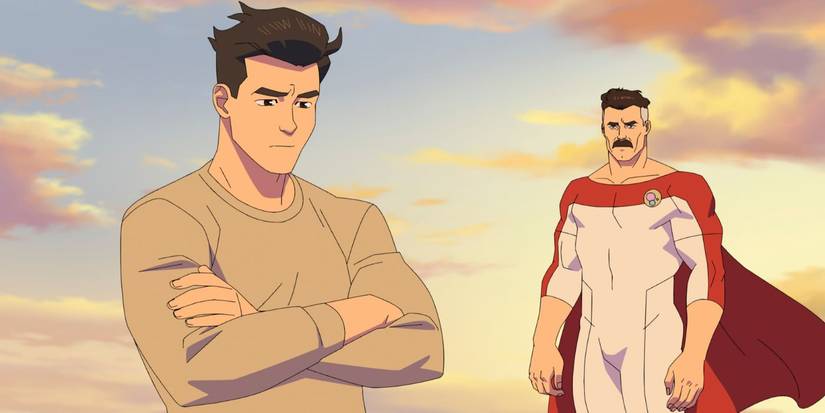 Mark Grayson (Steven Yeun) and Nolan (J.K. Simmons) talking in the sky in Invincible Season 4, Episode 5.