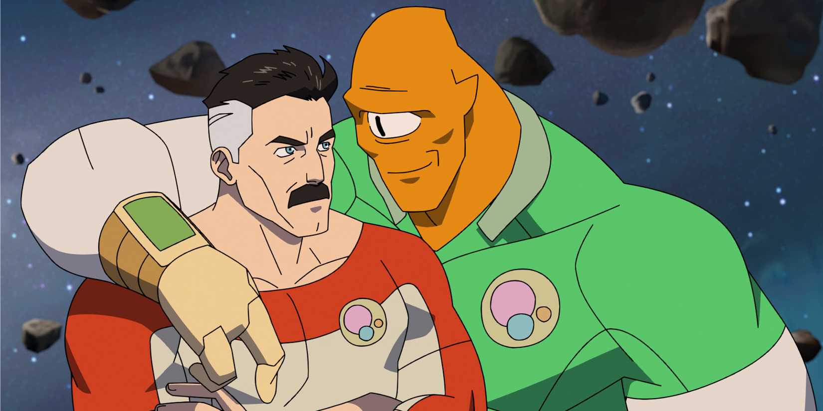 Allen the Alien wraps his arm around Omni-Man's shoulders.