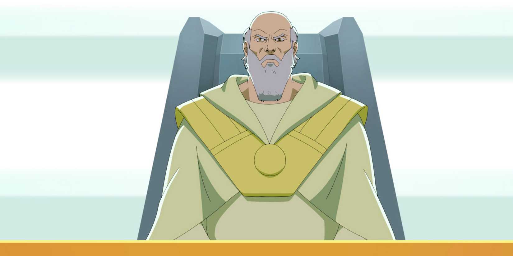 Thaedus sits at a desk frowning.