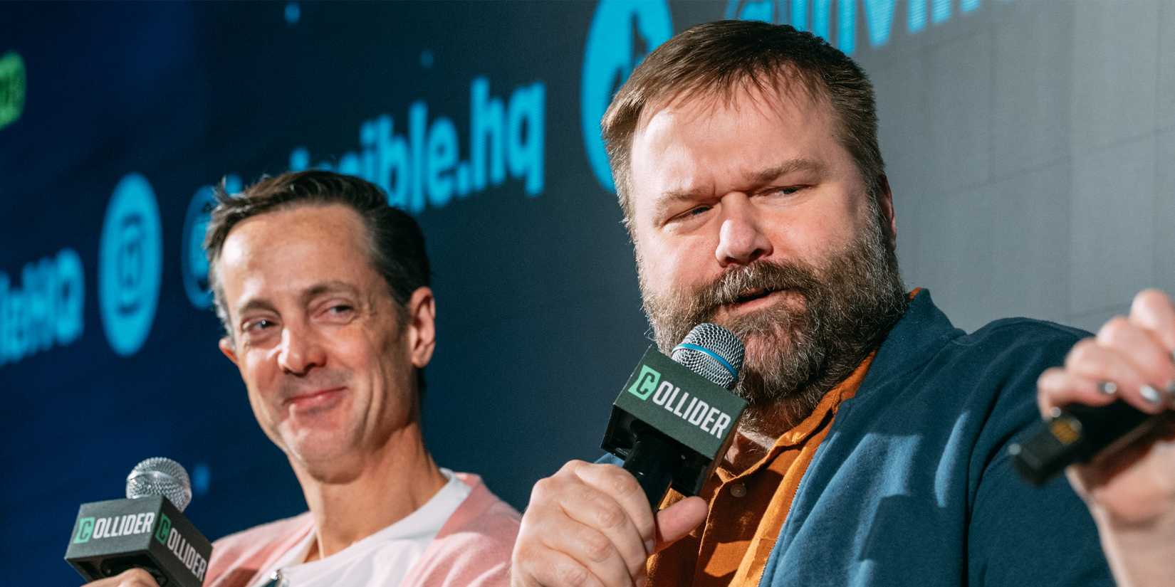 Robert Kirkman and Simon Racioppa on stage for Collider's Invincible Season 4 Q&A.