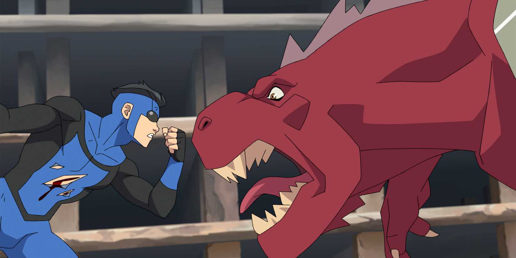 Invincible facing off with Dinosaurus.