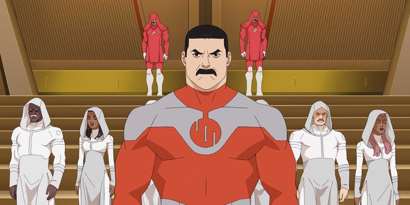 Thragg stands ominously in front of a host of people at his back.