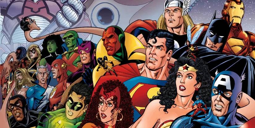 The Justice League and Avengers standing together on a comic cover in Marvel Comics