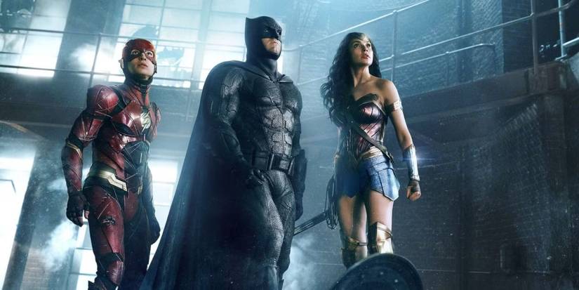 Flash (Ezra Miller), Batman (Ben Affleck), & Wonder Woman (Gal Gadot) in Justice League 2017