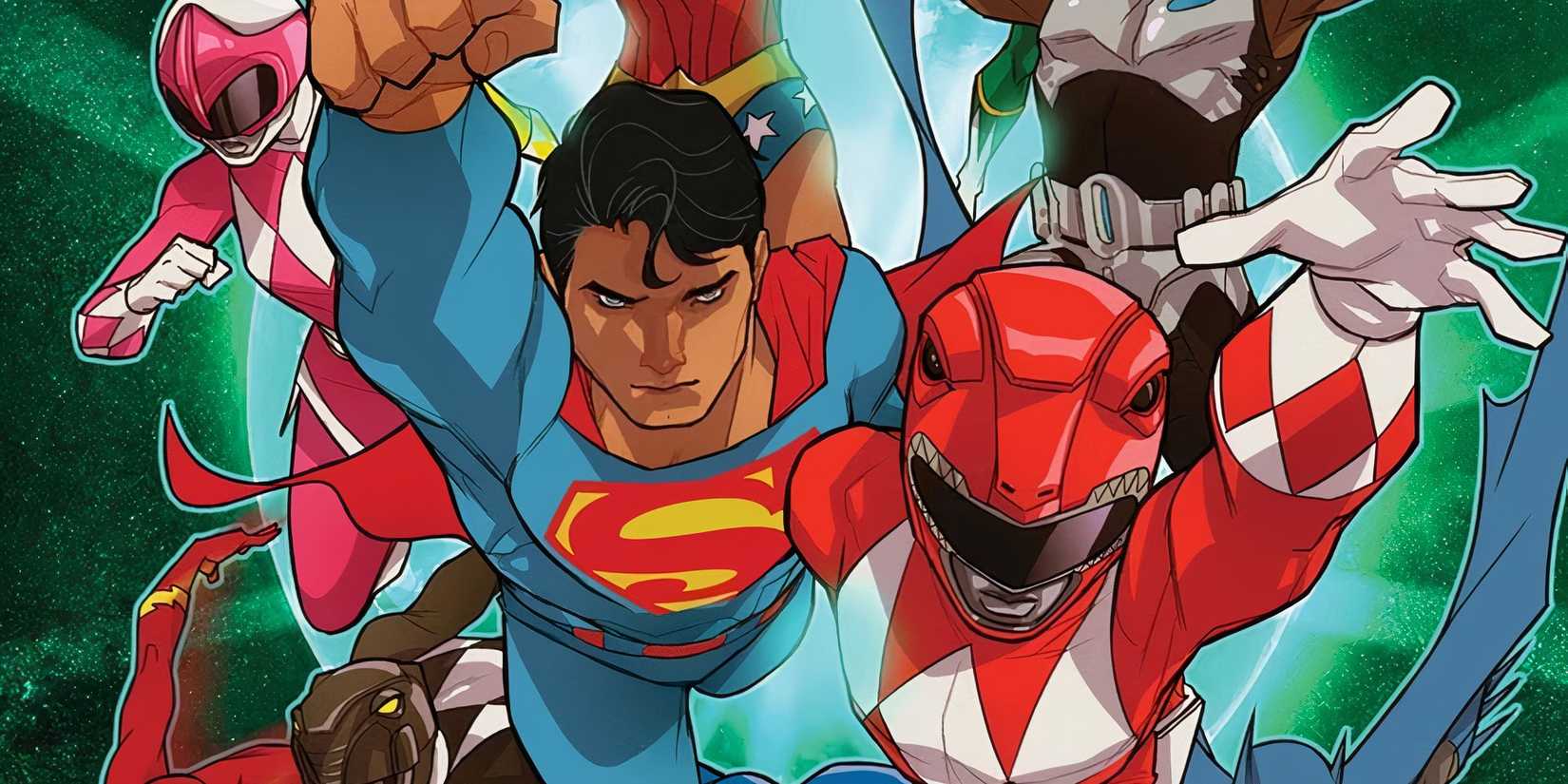The Justice League and Power Rangers charging forward together in DC Comics