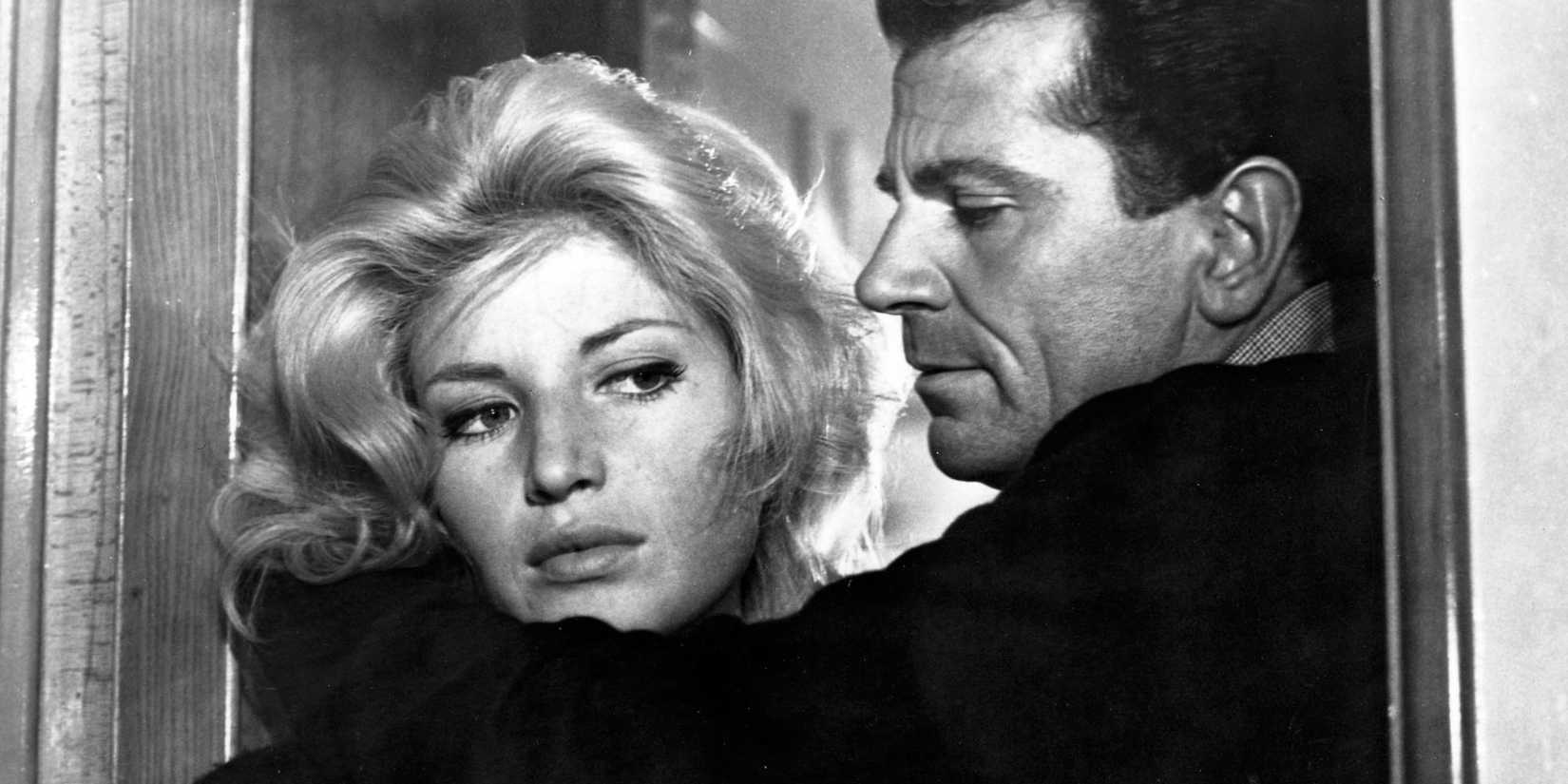 Monica Vitti as Claudia and Gabriele Ferzetti as Sandro in L'Avventura black-and-white close-up shot