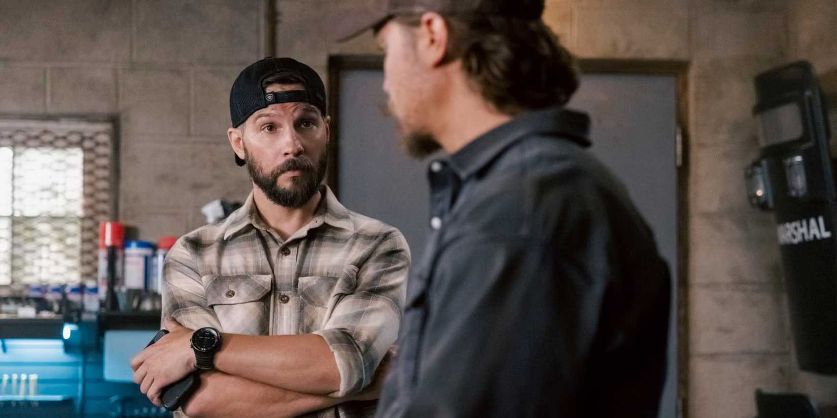 Pete Calvin (Logan Marshall-Green) speaks with Kayce Dutton (Luke Grimes) in the 'Marshals' episode "Road to Nowhere"