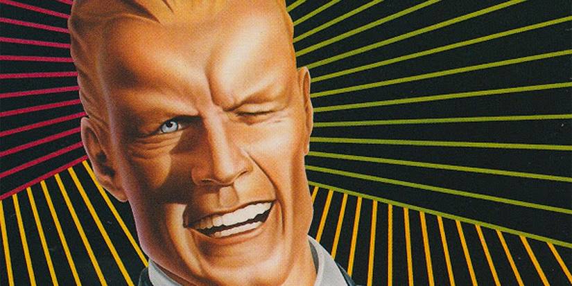 Max Headroom winking on a psychedelic background.