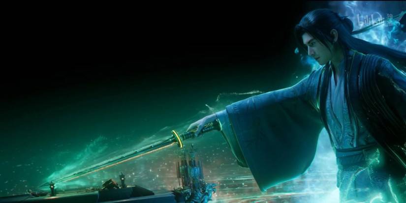 A giant man pointing a sword in A Mortal's Journey to Immortality