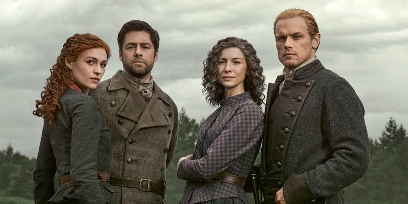 Caitriona Balfe, Sam Heughan, Sophie Skelton, and Richard Rankin standing together in Outlander Season 8