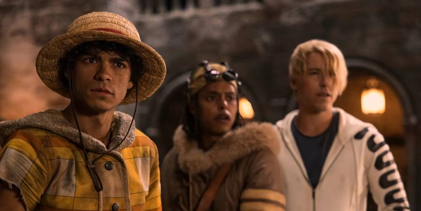 Luffy (Iñaki Godoy), Usopp (Jacob Gibson), and Sanji (Taz Skylar) looking surprised in One Piece Season 2