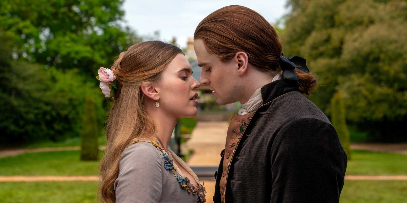 Charles Vandervaart as William ready to kiss Carla Woodcock as Amaranthus in Outlander Season 8