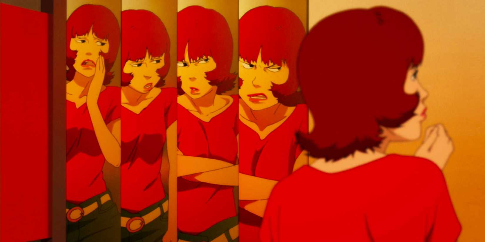 A woman with her reflection doing different faces in a mirror in Paprika