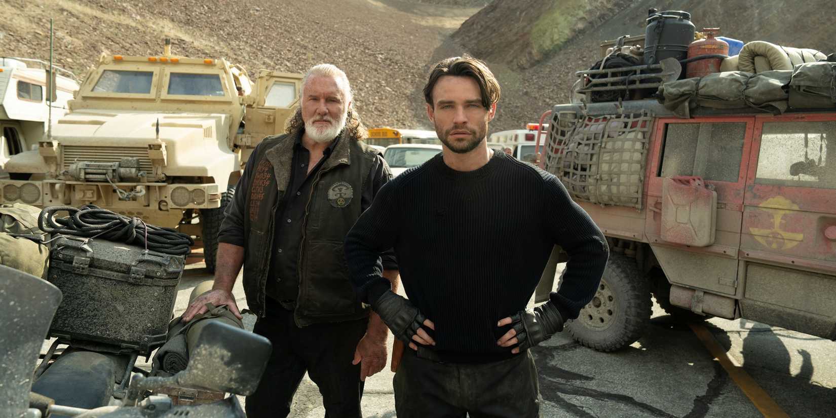 Thomas Doherty as Link standing outside with Michael McGrady as Geiger in Paradise Season 2