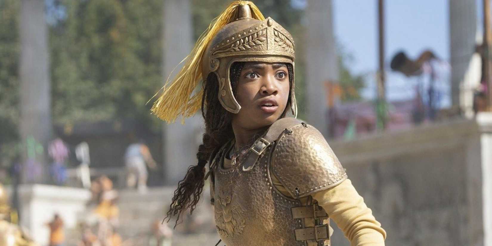 Leah Sava Jeffries in armor fighting in Percy Jackson and the Olympians
