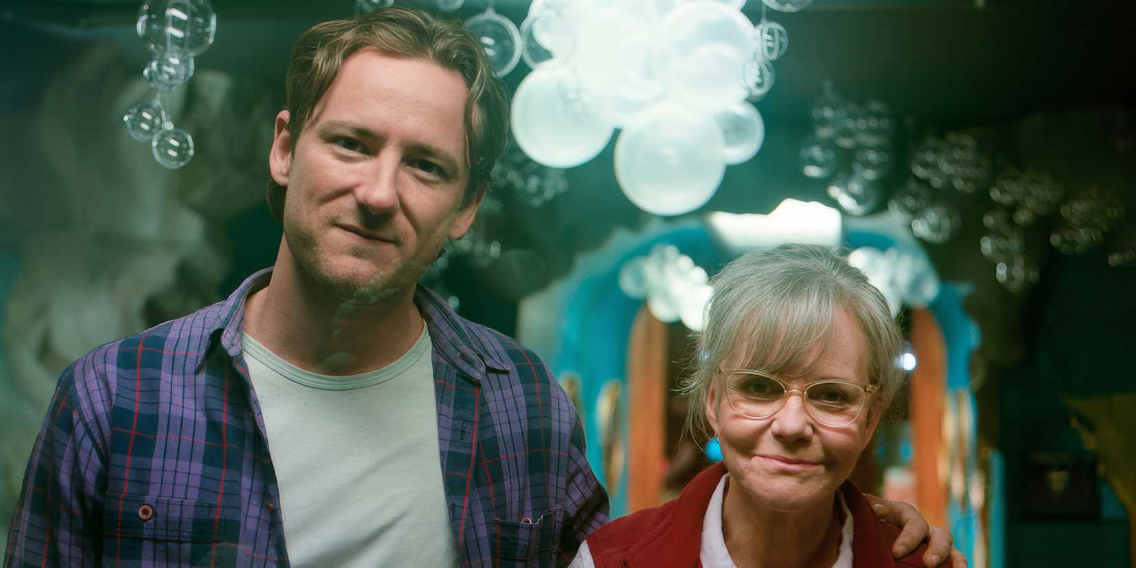 Lewis Pullman and Sally Field smiling in Remarkably Bright Creatures