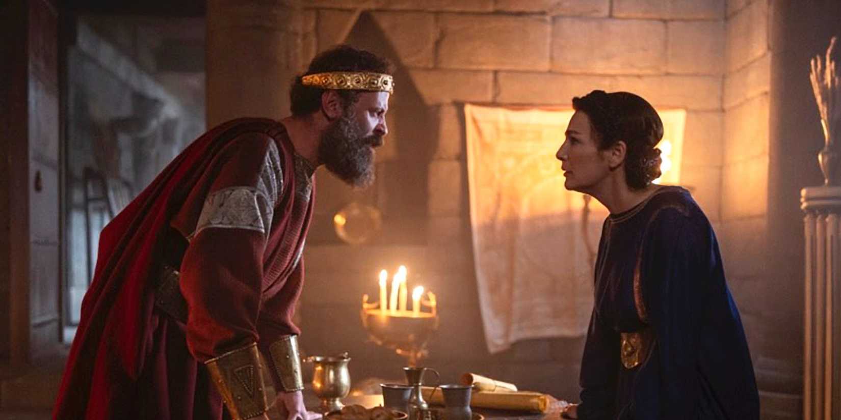 Ali Suliman as Saul and Ayelet Zurer as Ahinoam argue with a table between them in House of David Season 2