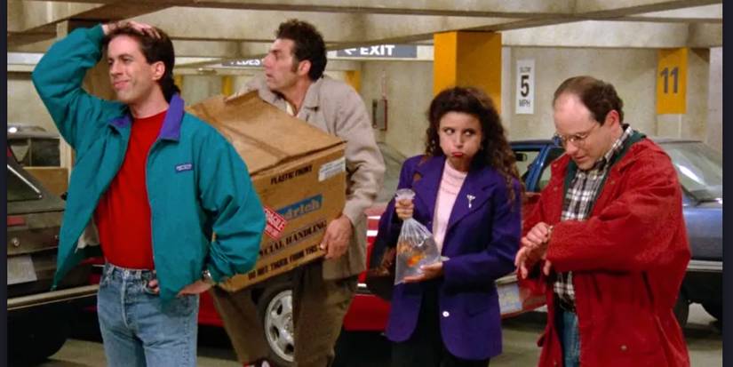 Jerry Seinfeld as Jerry, Michael Richards as Kramer, Julia Louis-Dreyfus as Elaine and Jason Alexander as George in Seinfeld